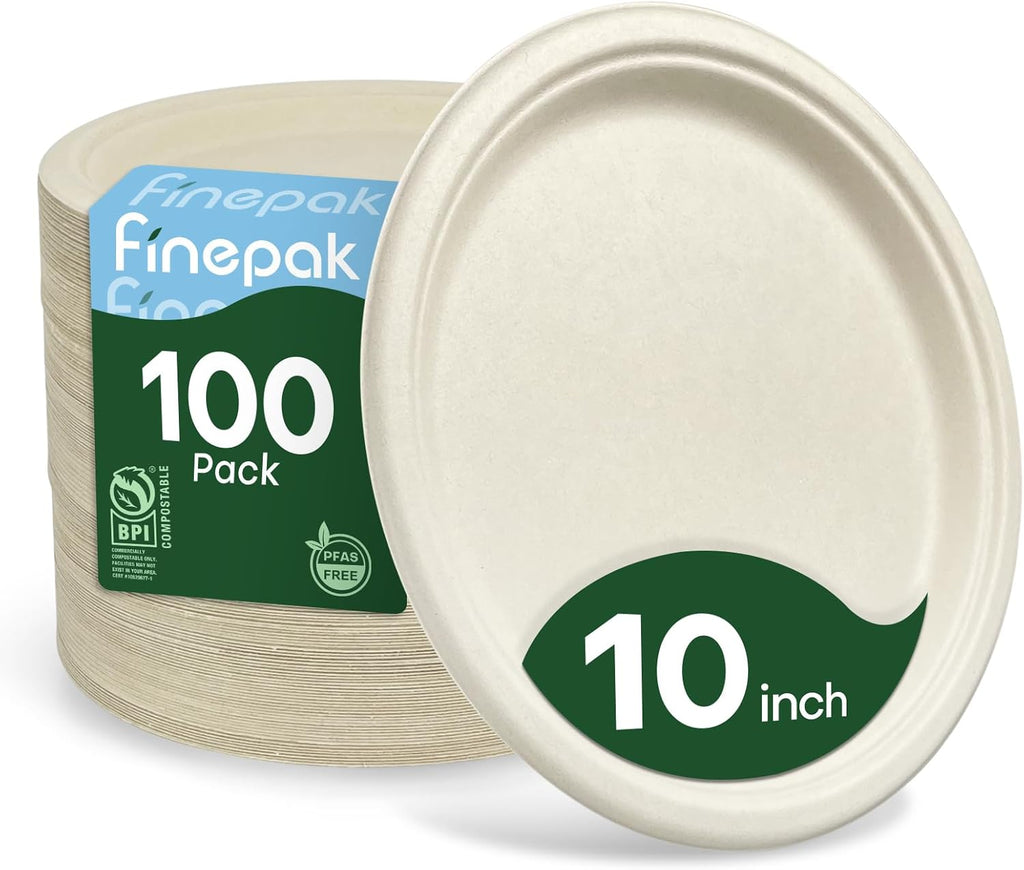 Regine Switzerland 10-Inch Compostable Paper Plates - Eco-Friendly Sugarcane Bagasse | 100 Pack, Microwave Safe