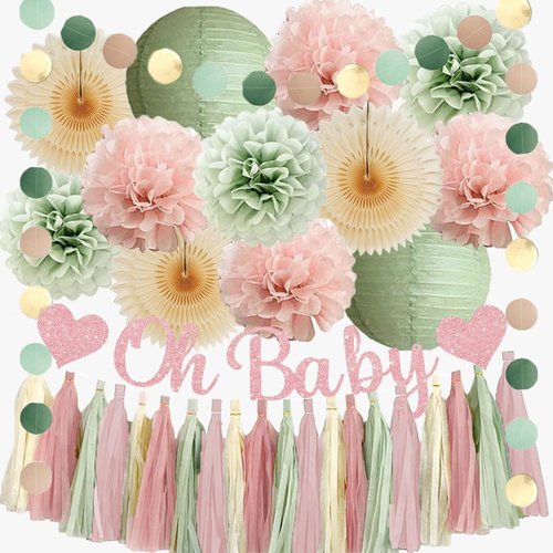 Sage Green and Blush Pink Baby Shower Decorations Oh Baby Shower Decorations for Girl Dusty Rose and Sage Green Beige Boho Pastel Dusty Pink Party Decorations with Cream Tassel Garland
