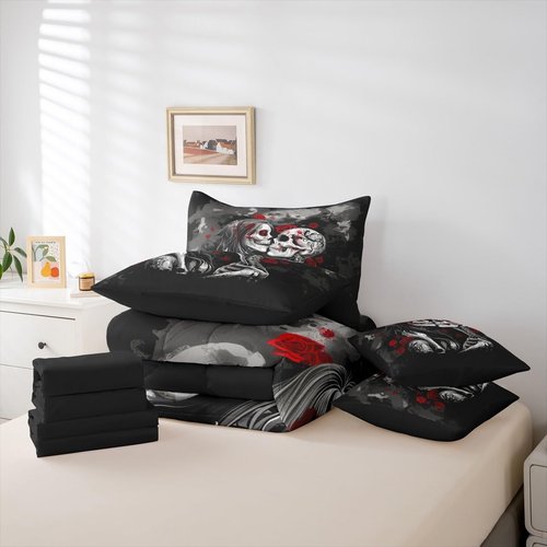 Erosebridal Valentine Gothic Skull Couple Queen Comforter Set with Sheets 7 Piece Red Rose Valentine Day Skeleton Bones Bed in A Bag Sugar Skull Bedding Sets for Kids Adults,Goth Halloween Bed Set