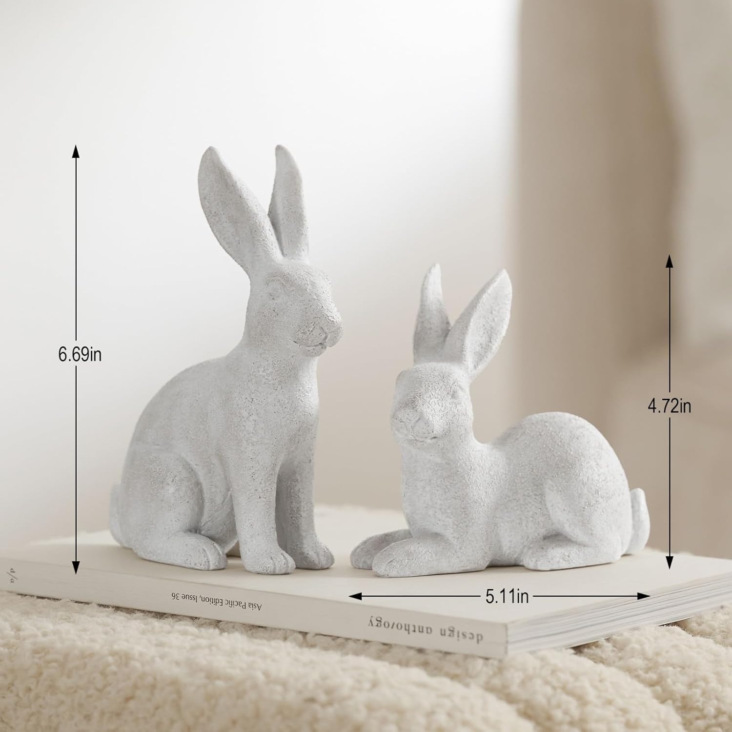 Skiennix White Frosted Resin Bunny Figurines - Set of 2 Decorative Rabbit Statues for Easter Home Decor