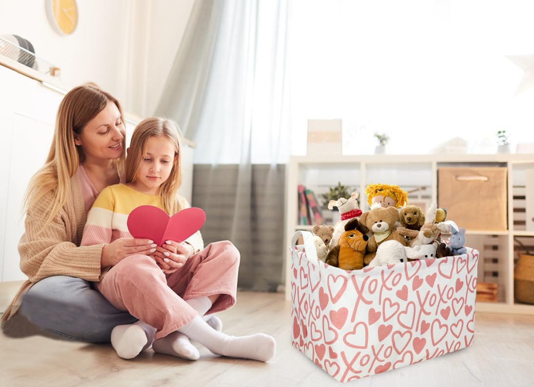 Sanjiaofen Rectangular Kids Storage Basket With Handles - Heart Organizer, Cute Bin for Girls Room Decor, Toys, Books, Gifts (XOXO Heart)