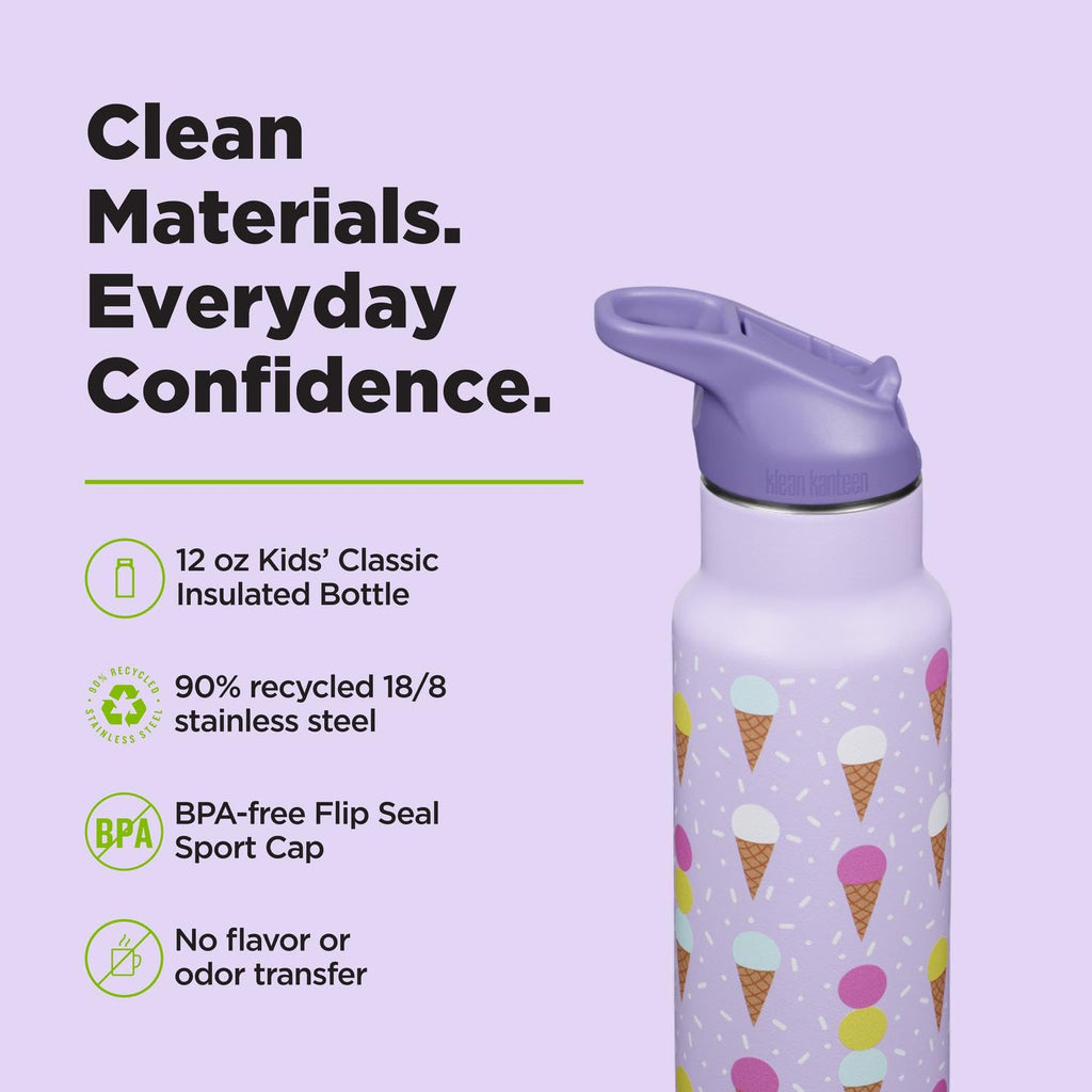 Klean Kanteen 12 oz Classic Kid's Insulated Water Bottle with Flip Seal Sport Cap - 100% Leakproof Cap - BPA-Free - Stainless Steel Material - Ice Cream
