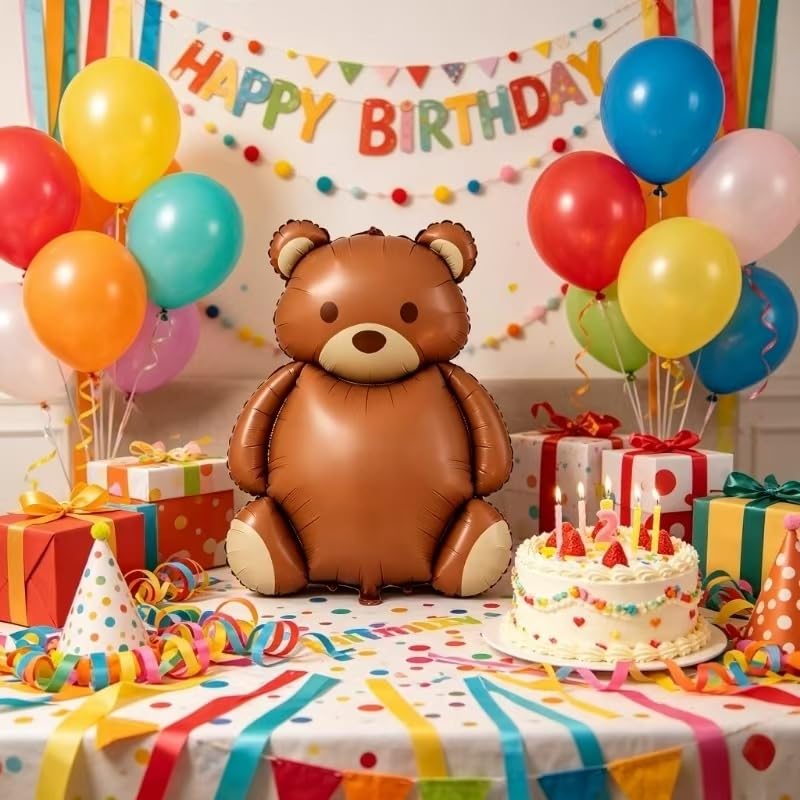 4 Pcs 35-Inch Brown Bear Foil Balloons for Jungle Safari Birthday Party