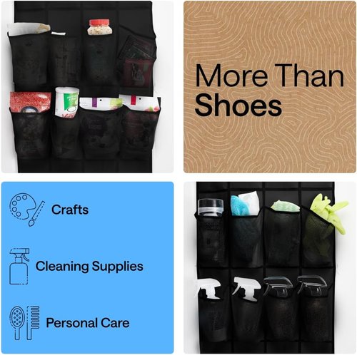 GORILLA GRIP Over The Door Shoe Organizer - 24 Large Breathable Mesh Pockets | Space-Saving Storage, Black