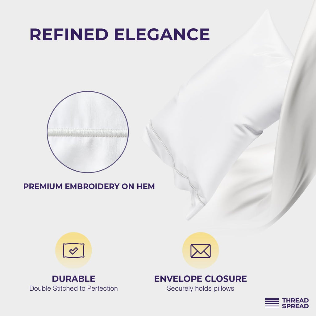 THREAD SPREAD 100% Egyptian Cotton Pillow Cases Queen Size Set of 2 - Luxury 2000 Series Queen Pillow Cases (21” x 32”, White), Soft Cooling Envelope Closure Hotel Quality Egyptian Cotton Pillowcases