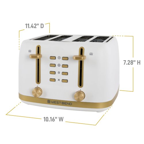 West Bend Timeless 4-Slice Toaster with 7 Browning Levels, Bagel/Waffle/Defrost Settings, High-Lift Lever, Anti-Jam, Easy-Clean Crumb Tray, 4-Slice, White/Gold