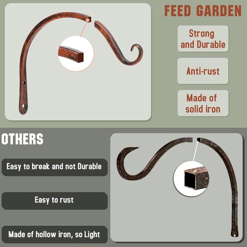 Feed Garden 8-Inch Decorative Hanging Plant Brackets - 2 Pack Wall Hooks for Outdoor Use | Antique Bronze