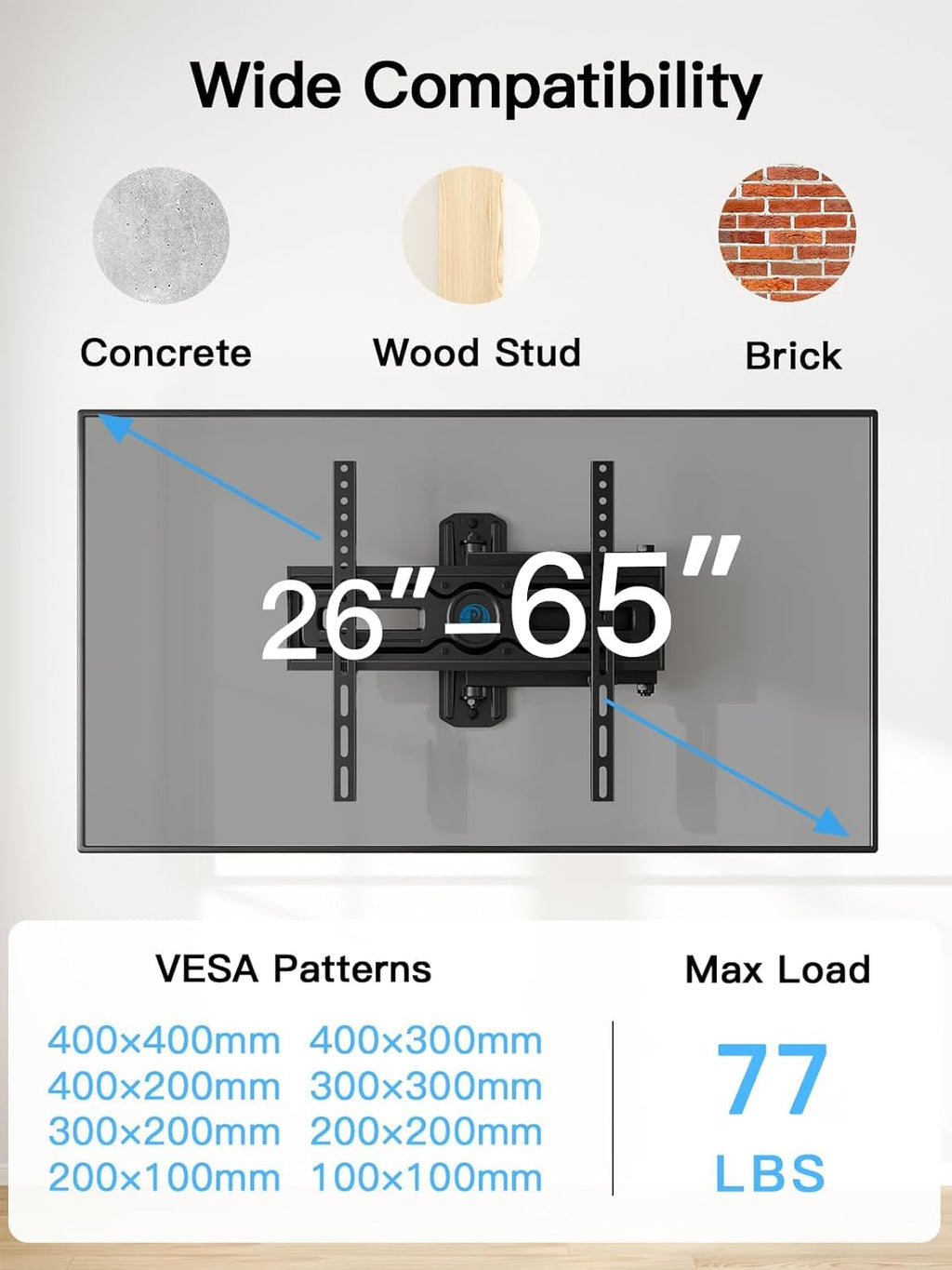 Pipishell Full Motion TV Wall Mount - Adjustable Bracket for 26-65 Inch TVs | Max VESA 400x400mm, 77 lbs Capacity