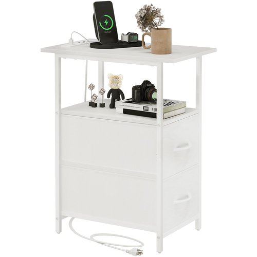 Somdot End Table with Charging Station,Narrow Side Table with 2 Fabric Drawers,Skinny Nightstand with Storage,Small Slim Bedside Table for Living Room,Sofa,Bedroom,Couch,White Leather