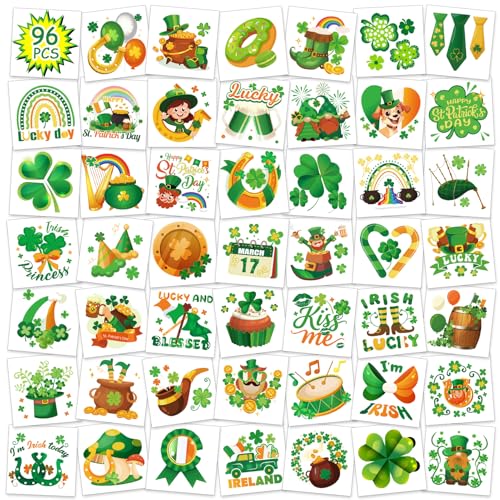 Konsait St. Patrick's Day Temporary Tattoos, 96 Pcs Irish Shamrock Designs