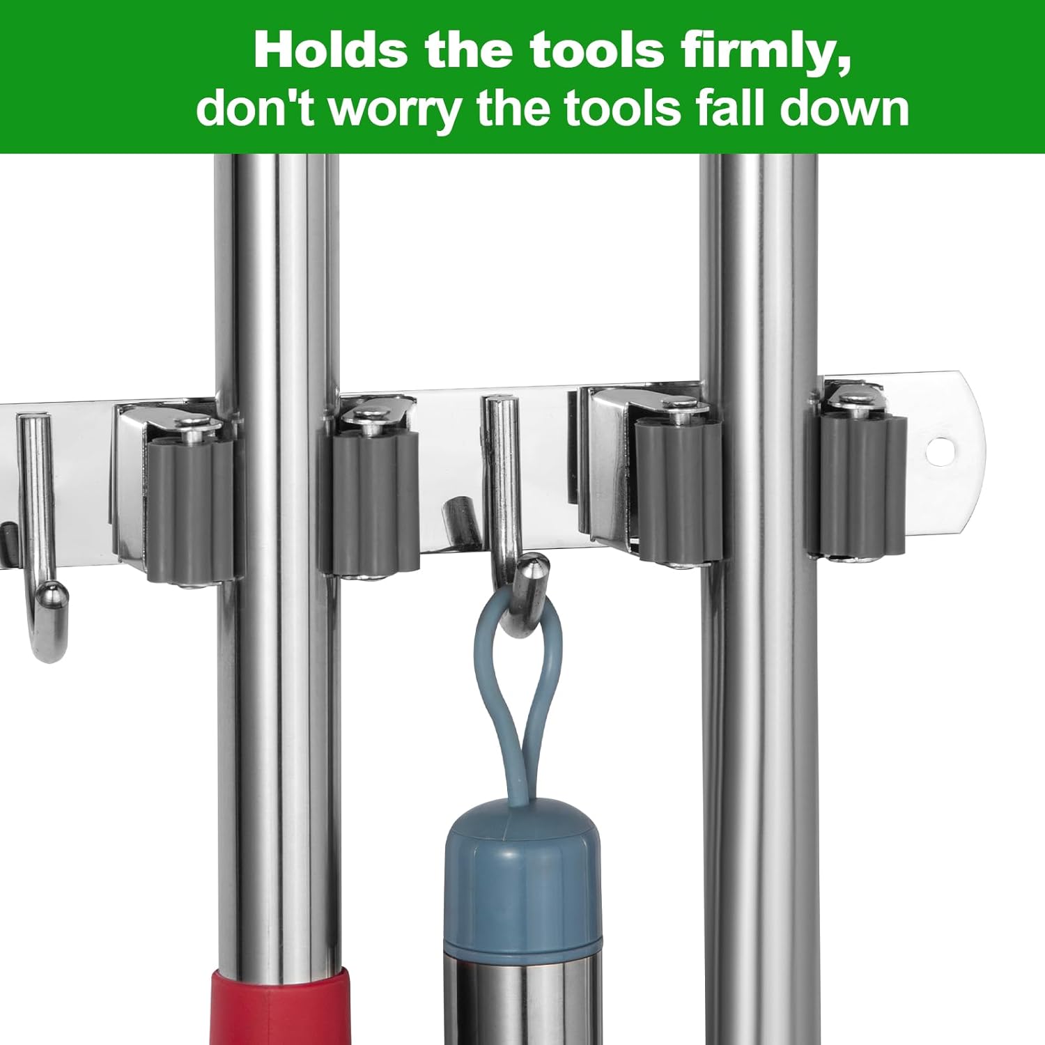 Voze Mop And Broom Holder - 5 Racks & 4 Hooks, Heavy-Duty Wall Mount Organizer | Silver