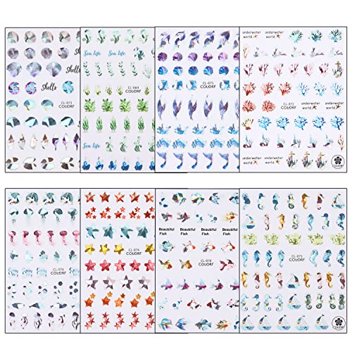 3D Sea Animals Nail Art Stickers - Holographic Ocean Shell & Fish Decals (8 Sheets)
