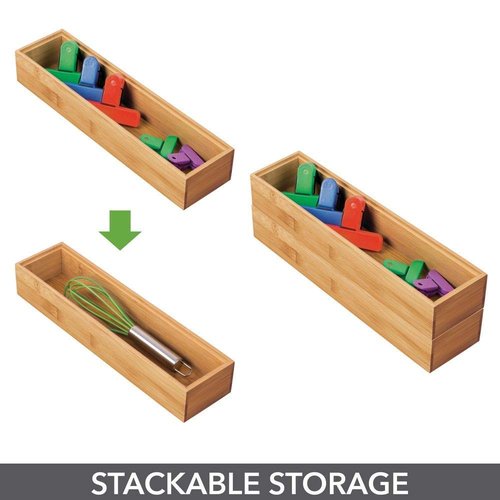 mDesign Slim Wooden Bamboo Drawer Organizer - 12" Long Stackable Storage Box Tray for Kitchen Drawers/Cabinet - Utensil, Silverware, Spatula, Flatware Holder - Echo Collection, 2 Pack, Natural Wood