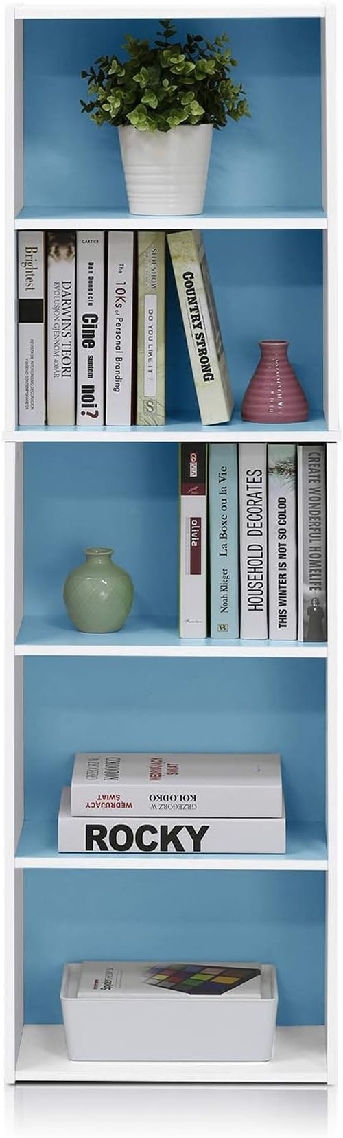 Furinno LUDER 5-Tier Bookshelf - Open Shelves for Easy Assembly | White & Light Blue, 9.4 x 15.8 x 52 Inches