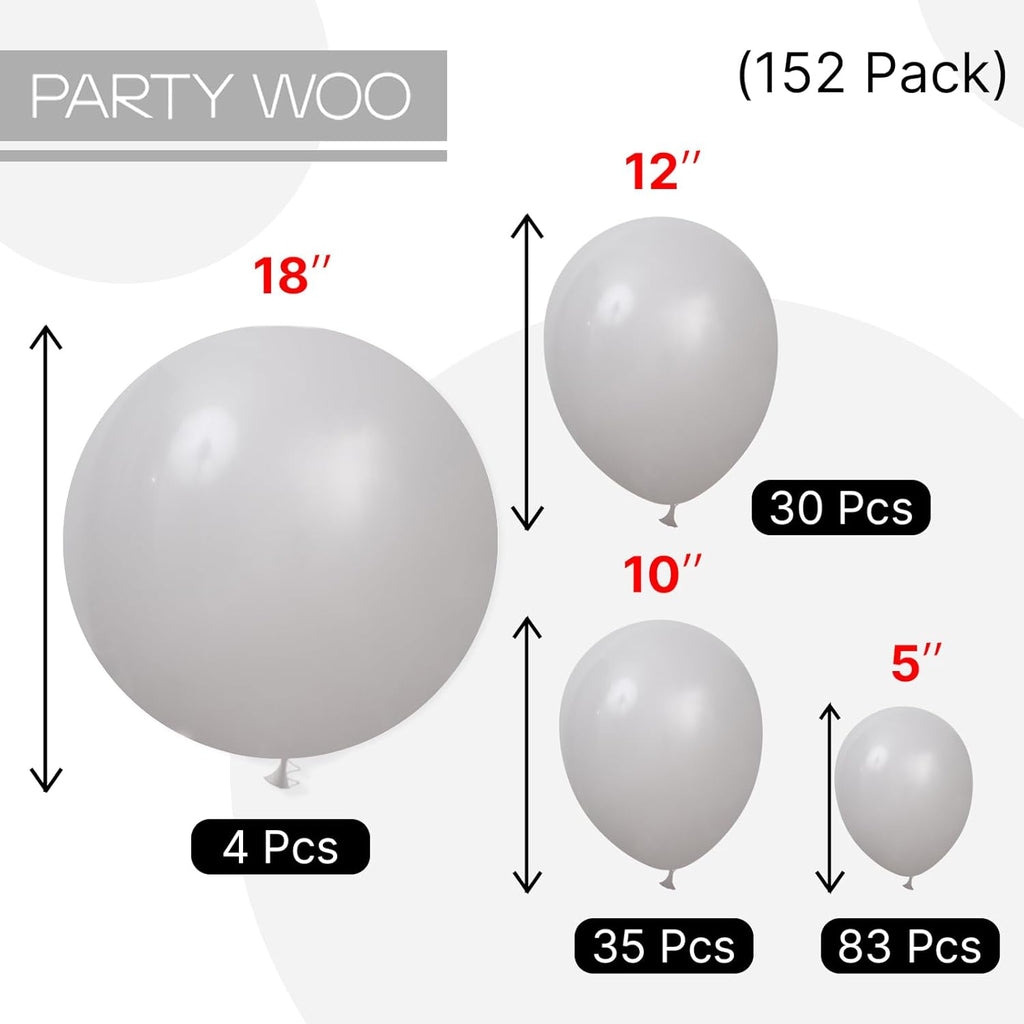 PartyWoo Gray Balloons - 152-Piece Matte Gray Latex Balloon Arch Kit for Baby Showers & Weddings | 5-12 Inch Sizes