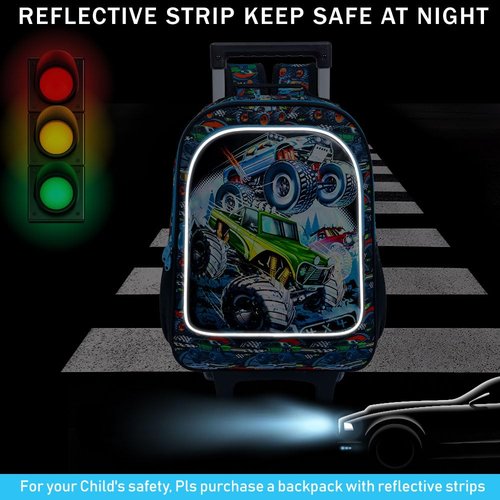 CCJPX 3PCS Truck Rolling Backpack for Boys, Kids Roller Wheels School Bookbag Set, Cars Travel Wheeled School Bag for Toddler Elementary Children-Blue