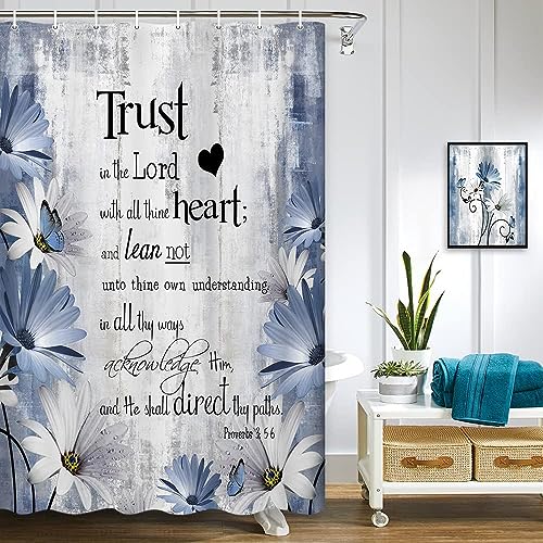 Rustic Farmhouse Inspirational Bible Verse Shower Curtain, Blue, 36x70-inch