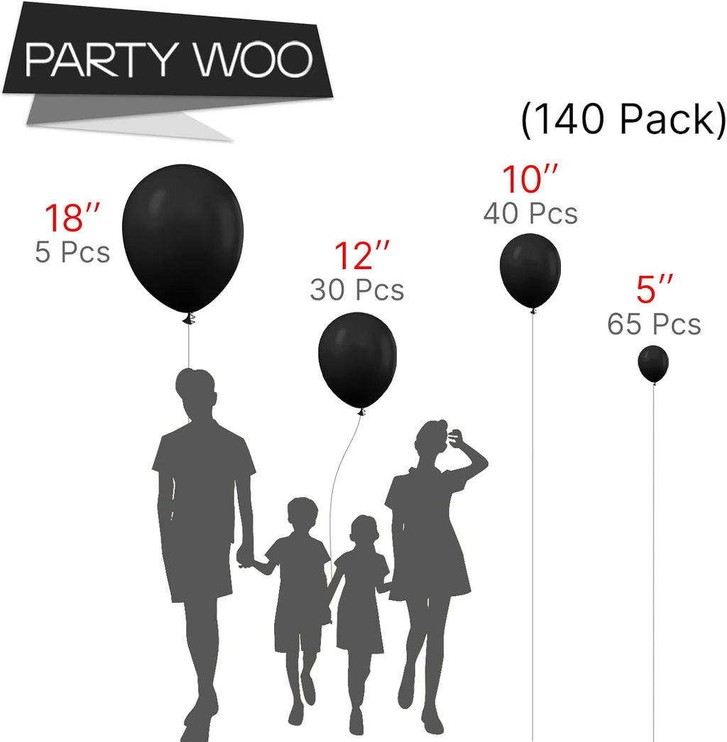 PartyWoo Black Balloons - 140-Piece Arch Kit with Various Sizes for Baby Showers & Parties | Black