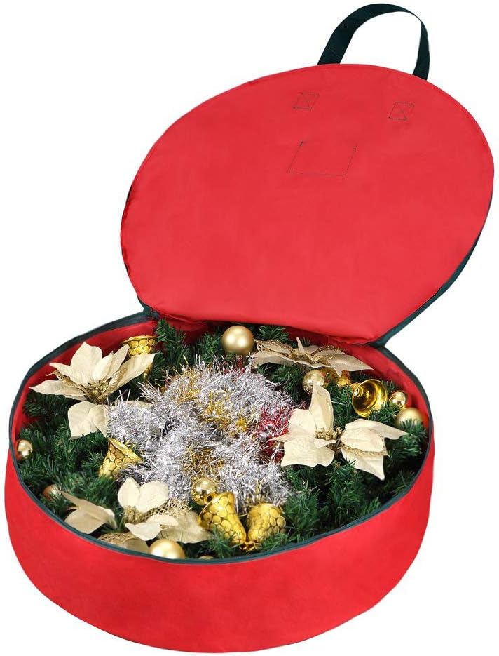 Primode Heavy Duty Christmas Wreath Storage Bag - Durable 600D Oxford Polyester, 24” Red Container with Handles