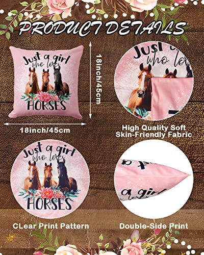 PreLiving Just A Girl Who Loves Horses Pink Pillow Cover 18x18 Inches – Farmhouse Animal Decor for Girls & Women