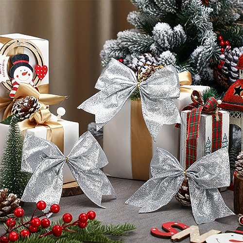 Silver Christmas Bow Decorations - 24 Pack Glitter Holiday Ornaments 6x6 Inches