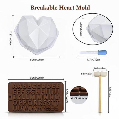 Breakable Heart Mold with Hammer, Chocolate Mold Set - Food Grade, Silicone Heart/Number/Letter Molds for Candy Making - Ideal for Valentine's Day, Christmas, Birthdays