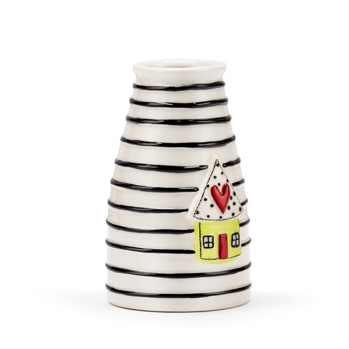 DEMDACO Black Stripe Yellow House with Heart 3 x 5 Stoneware Mini Decorative Vase
