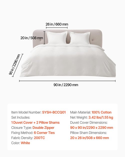 VEVOR Queen Duvet Cover Set, 100% Cotton, 3 Pieces Bedding Set Queen Size with 1 Duvet Cover 90 x 90 in and 2 Pillow Shams 20 x 26 in, Soft Breathable, Double Zipper Closure, for Home Bedding, White