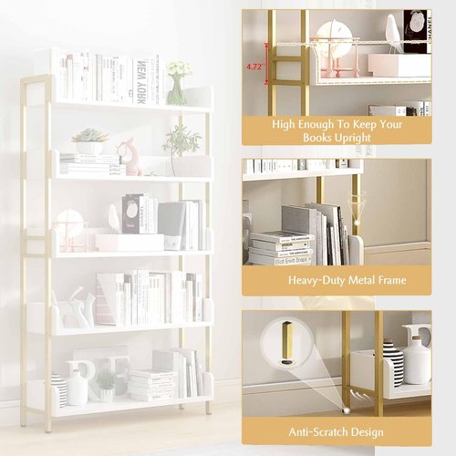 OSCHF Wide Open Shelf Bookcase - Modern 3-Tier Floor Standing Display Bookshelf with Three-Side Panels for Home and Office, Storage Shelving in Warm White with Gold Frame