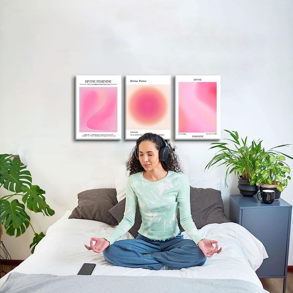 Trendy Aesthetic Canvas Wall Art Set of 3 - Pink Gradient Aura Angel Posters | Framed 12x16 Inch Decor