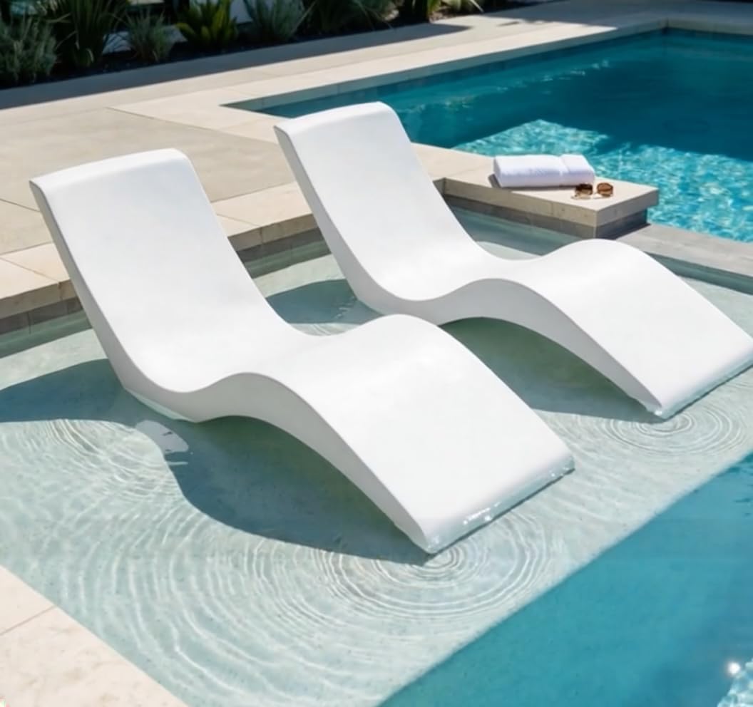 Aqua Outdoors Pool Chaise Lounge Chairs - Water-Weighted Lounger for Ledge & Shelf, Classic White, Set of 2