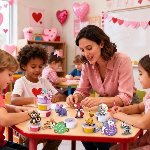 Celltestria Valentines Day Gifts Toys for Kids 12pcs Animal Air Dry Clay DIY Kit with Cards for Boys Girls Easter Party Favors Classroom School Prize Rewards Birstday Gifts Exchange