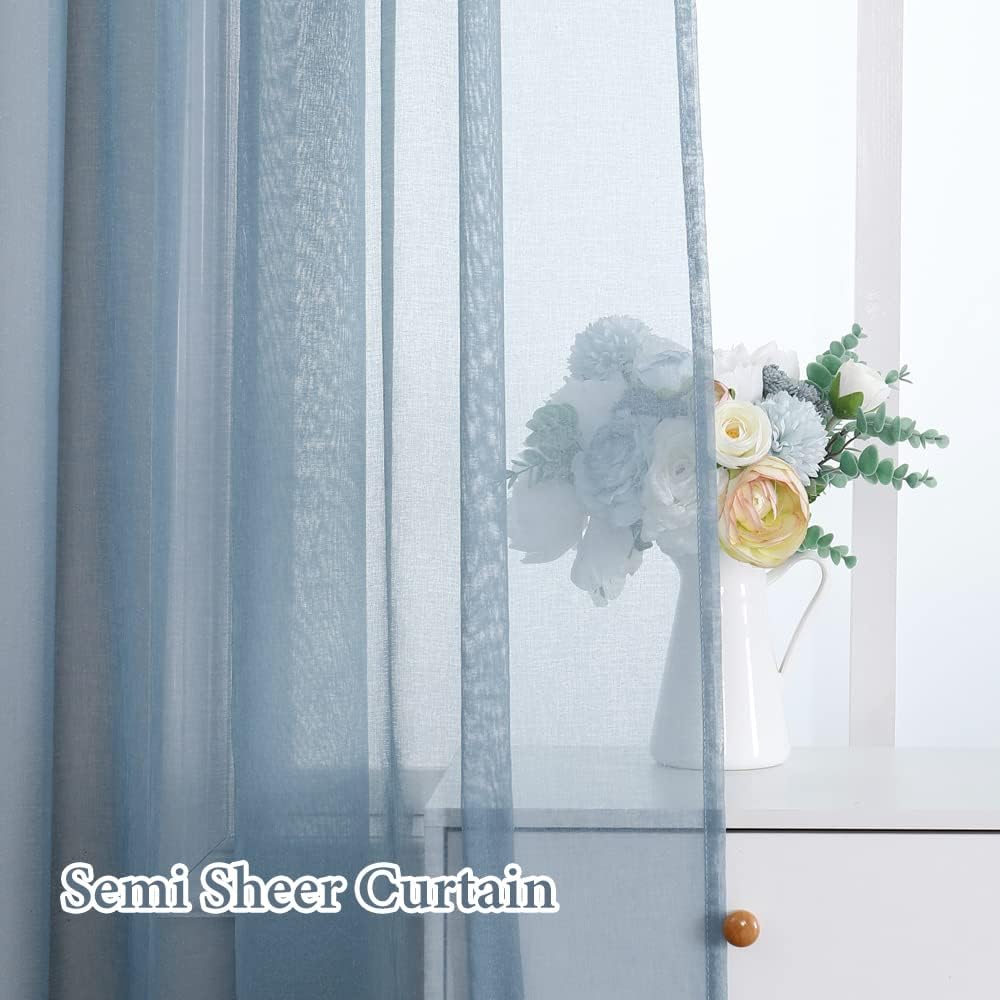 MIULEE Dusty Blue Semi-Sheer Window Curtains - Elegant Grommet Top Drapes, 84 Inch Length, Linen Texture