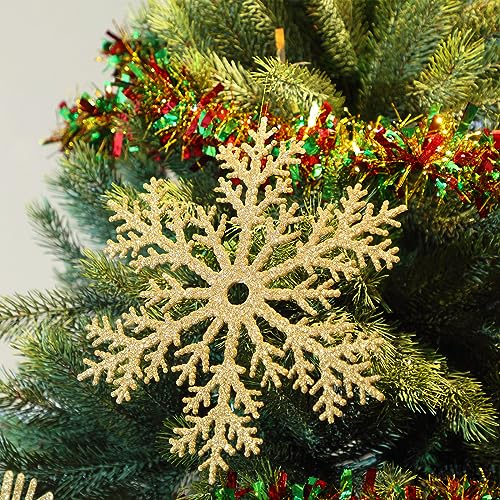 Gold Glitter Snowflake Ornaments Set - 24 Large 12" Plastic Winter Christmas Decorations