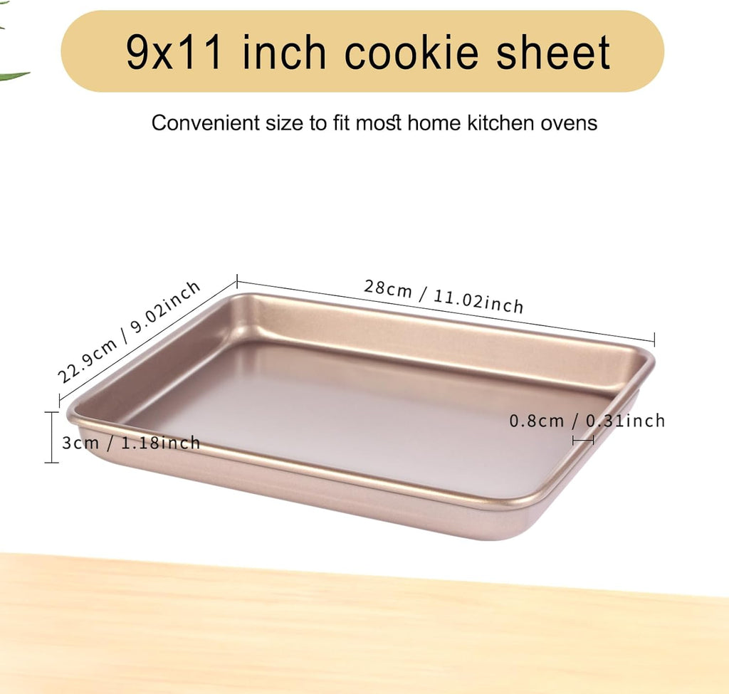 Small Cookie Sheet Pan 9x11 Inch - Nonstick Baking Tray 2-Pack | Heavy Duty Carbon Steel, Gold Finish