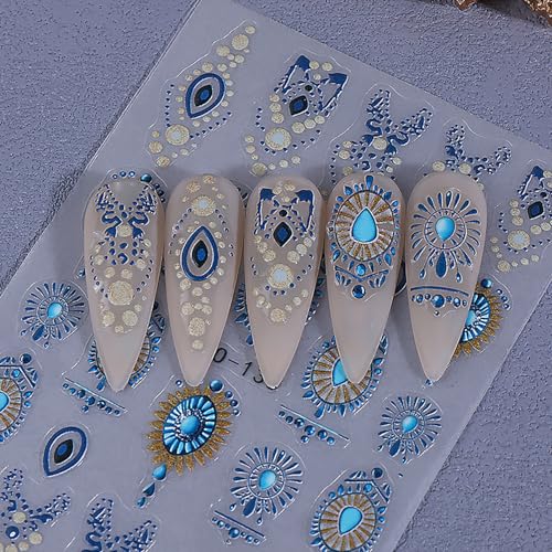 Bohemian 3D Self-Adhesive Nail Decals Retro Blue Boho Nail Art Stickers - 2Pcs