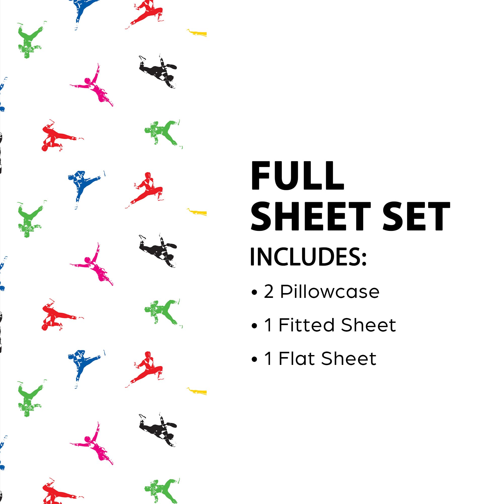 Northwest Power Rangers Classic Color Rangers 4 Piece Full Sheet Set, Officially Licensed Game-Themed Microfiber, Includes Fitted Sheet, Flat Sheet, and Pillowcase(s)