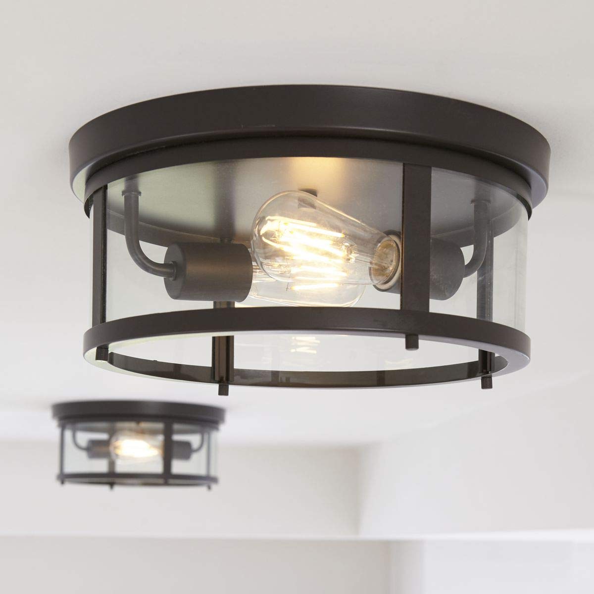 Progress Lighting Gunther Collection 2-Light Clear Glass Farmhouse Outdoor Flush Mount Light Antique Bronze, 5.75x12.63x12.63