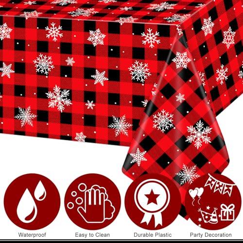 Christmas Buffalo Plaid Snowflake Tablecloth Set - Red & Black, 3 Pack