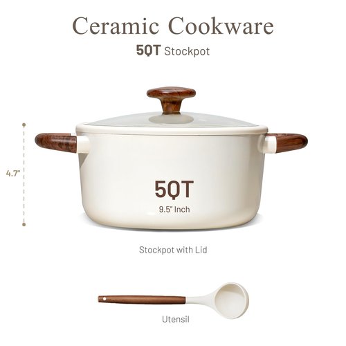 CAROTE 5QT Nonstick Stock Pot with Lid, 5 Quart Casserole with Ladle, Even Heating Stockpot, Fits All Stoves, Non Stick Big Cooking Pots PFOA Free, White