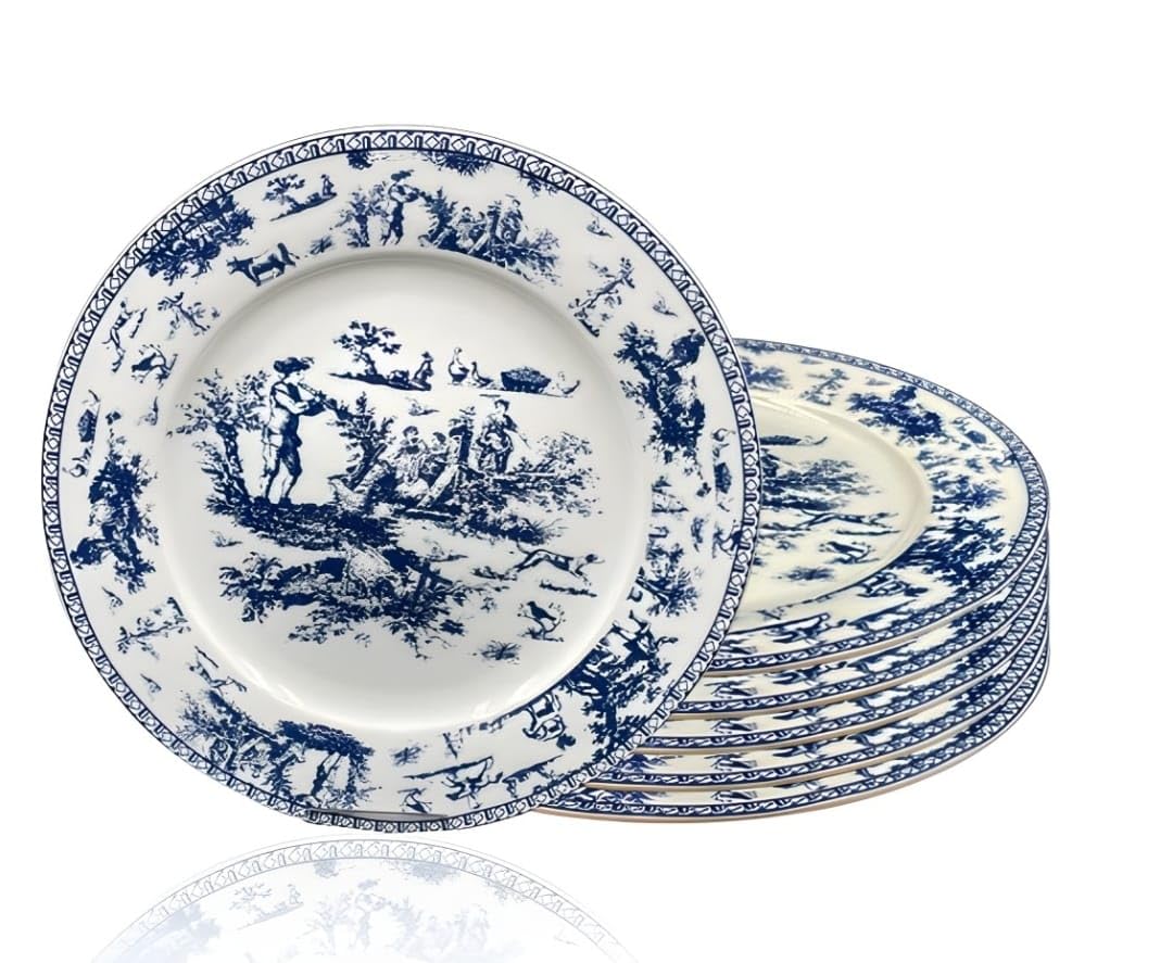 W&S CLASSICS Classic French Luxury Round Dinner Plates | 10.5 Inches Colorful Ceramic Flat Plates – Set of 6| Large Serving Plates for Party | Dishes for Appetizer, Salad, Desert, Steak (Blue)