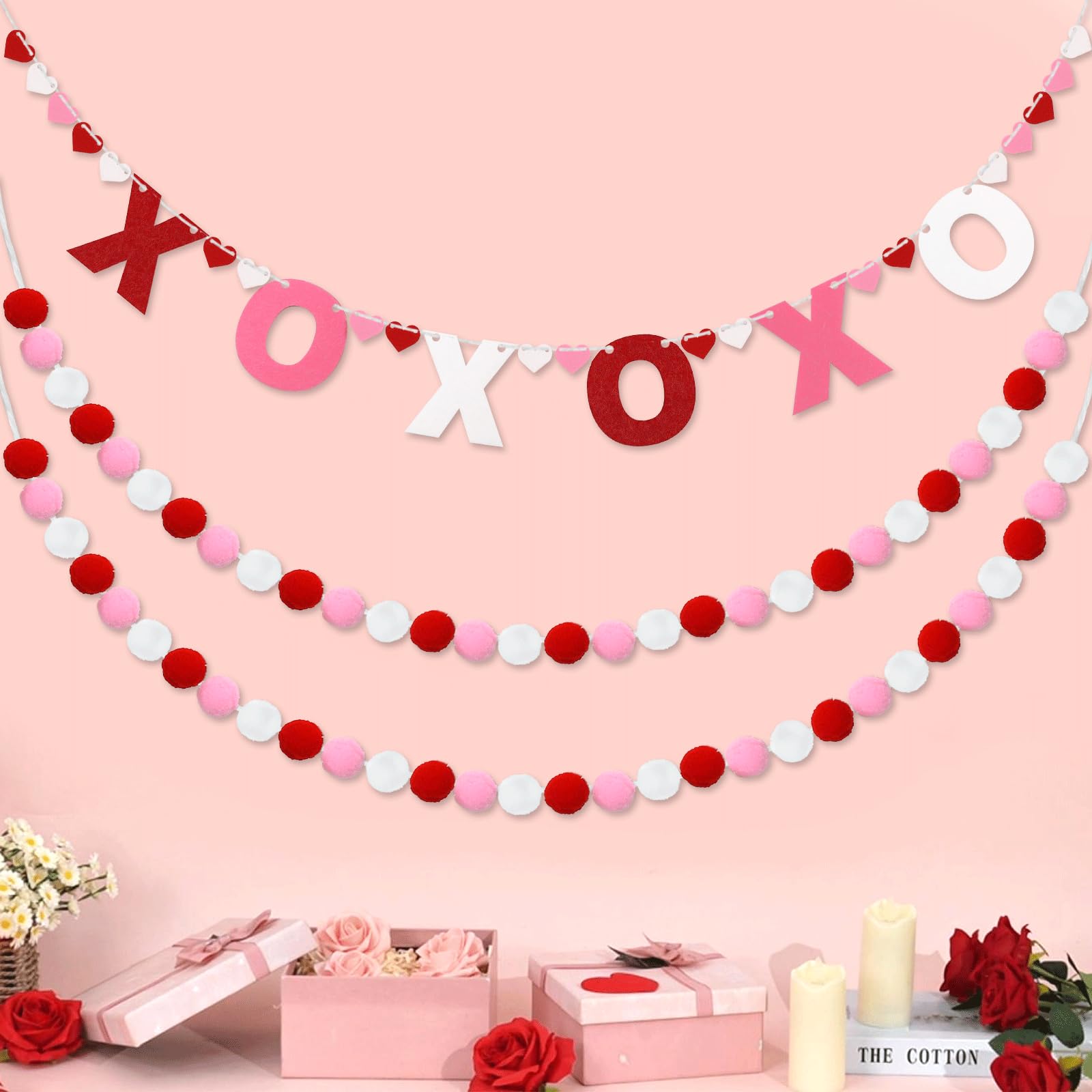 QOUBAI 3pcs Valentine's Day Garland Felt Ball Garland 10ft Pompom Garland Valentine Decorations XOXO Felt Ball Banner for Mantle Fireplace Room Valentine's Day Anniversary Engagement Party Supplies