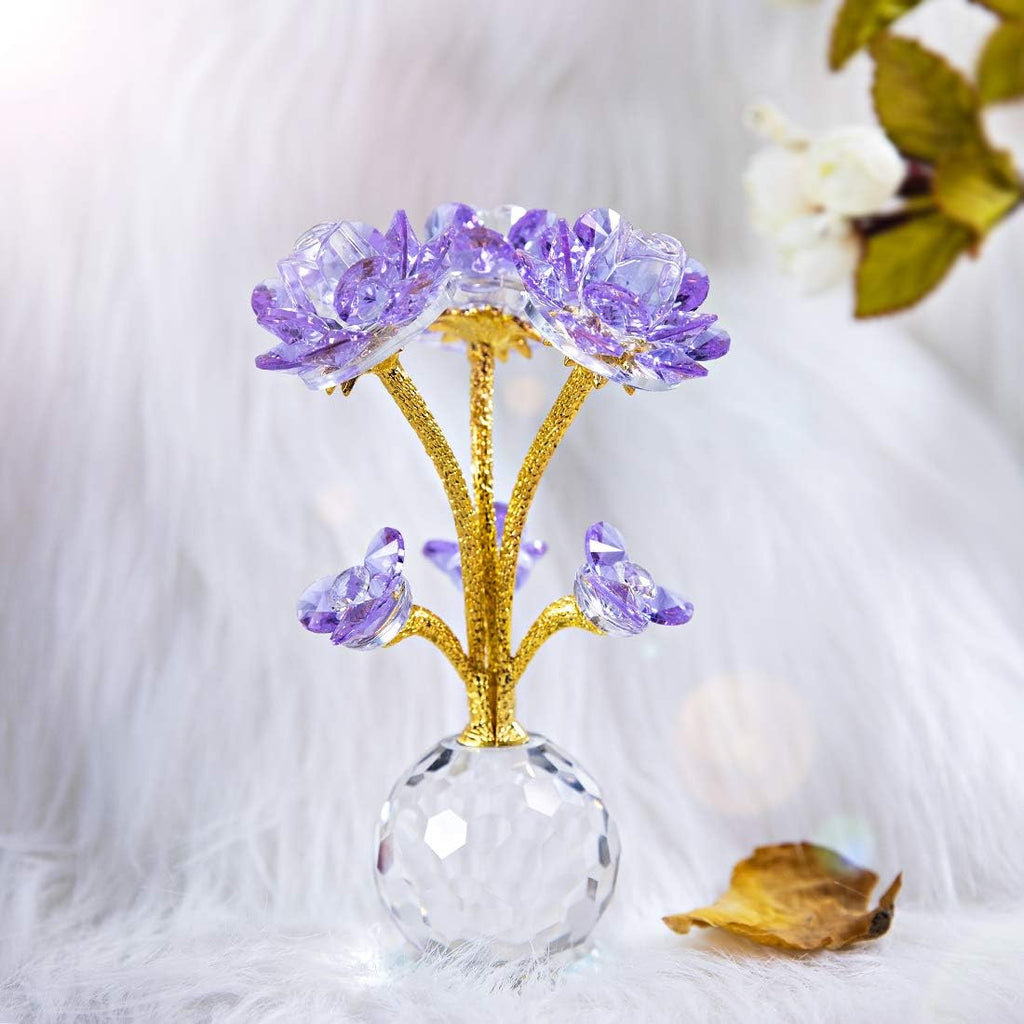 QFkris Purple Crystal Rose Flower Figurine - 6" Collectible Glass Ornament for Home Decor & Gifts