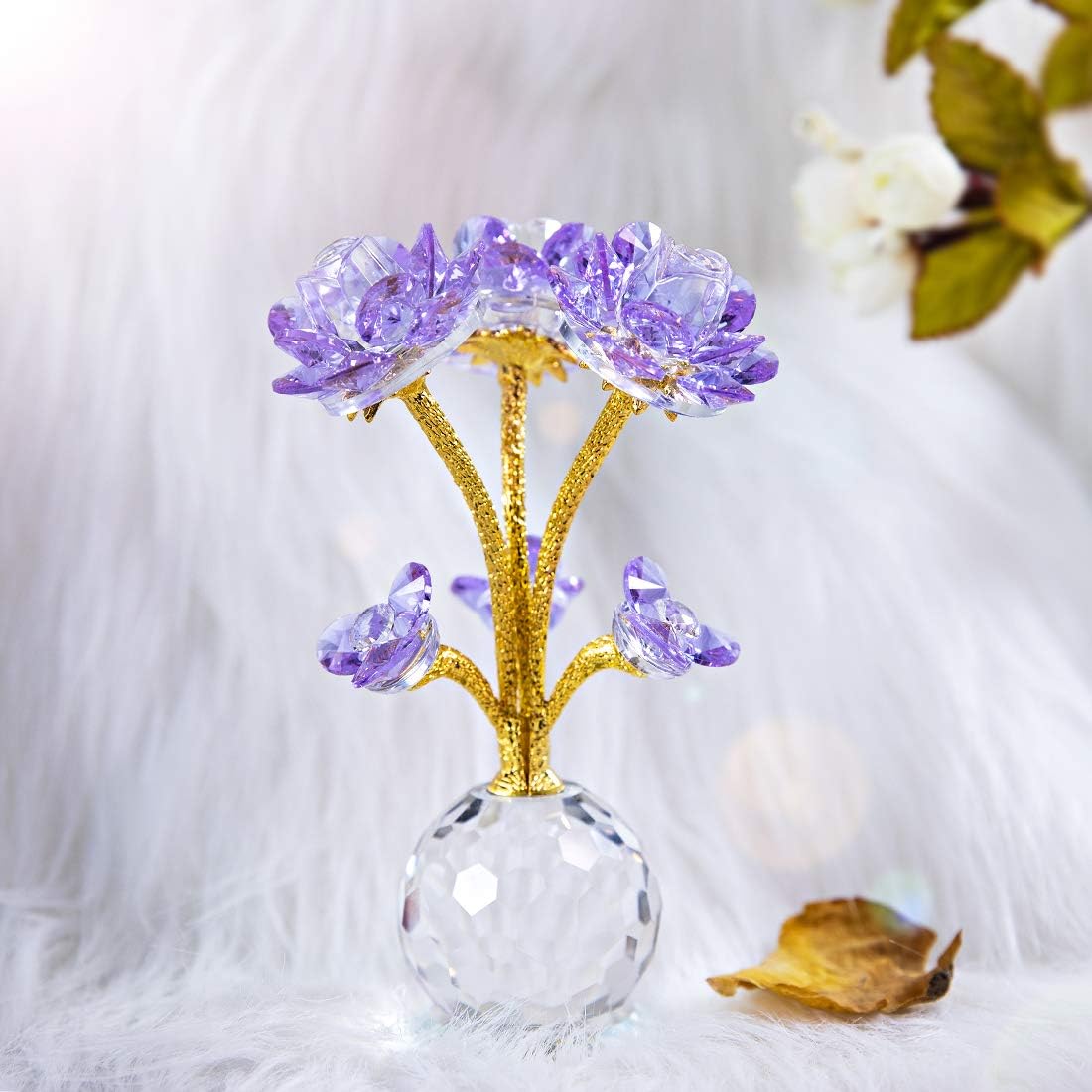 QFkris Purple Crystal Rose Flower Figurine - 6" Collectible Glass Ornament for Home Decor & Gifts