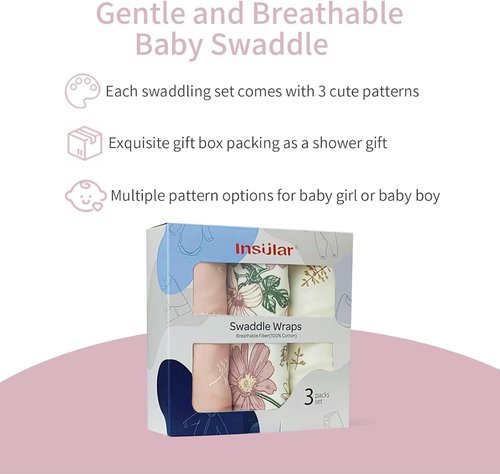 Insular Baby Swaddle Wrap - Adjustable Swaddling Blanket Set for Newborns | Soft Cotton, Floral, 3 Pack (0-3 Months)