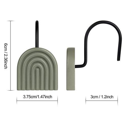 Sunlit Mid Century Modern Arch Decorative Shower Curtain Hooks, Farmhouse Geometric Grayish Green Shower Curtain Rings for Bathroom, Resin, Boho Shower Curtain Hangers Home Decor
