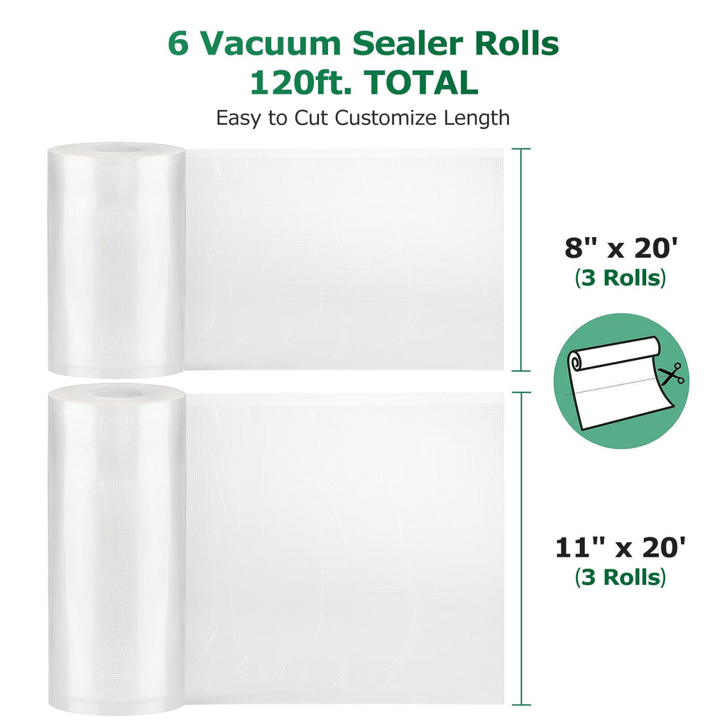 FRESKO Vacuum Sealer Bags Food Rolls 6 Packs - 8" x 20' & 11" x 20', Commercial Grade Seal a Meal Bags for Storage Food and Sous Vide, BPA Free, Customized Size for Vacuum Sealer