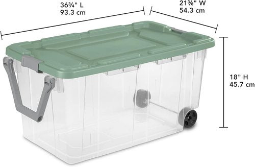 Extra Large Wheeled Storage Bin - 160 Quart Clear Container with Latch Lid & Pull Handle | Light Green, 2 Pack