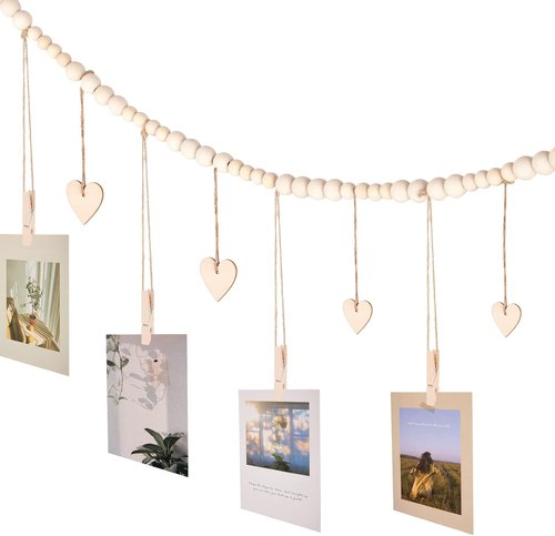 KLOGTSIND Hanging Photo Display - Boho Picture Frame Collage with 9 Wood Clips | Perfect for Office or Kids' Art Decor