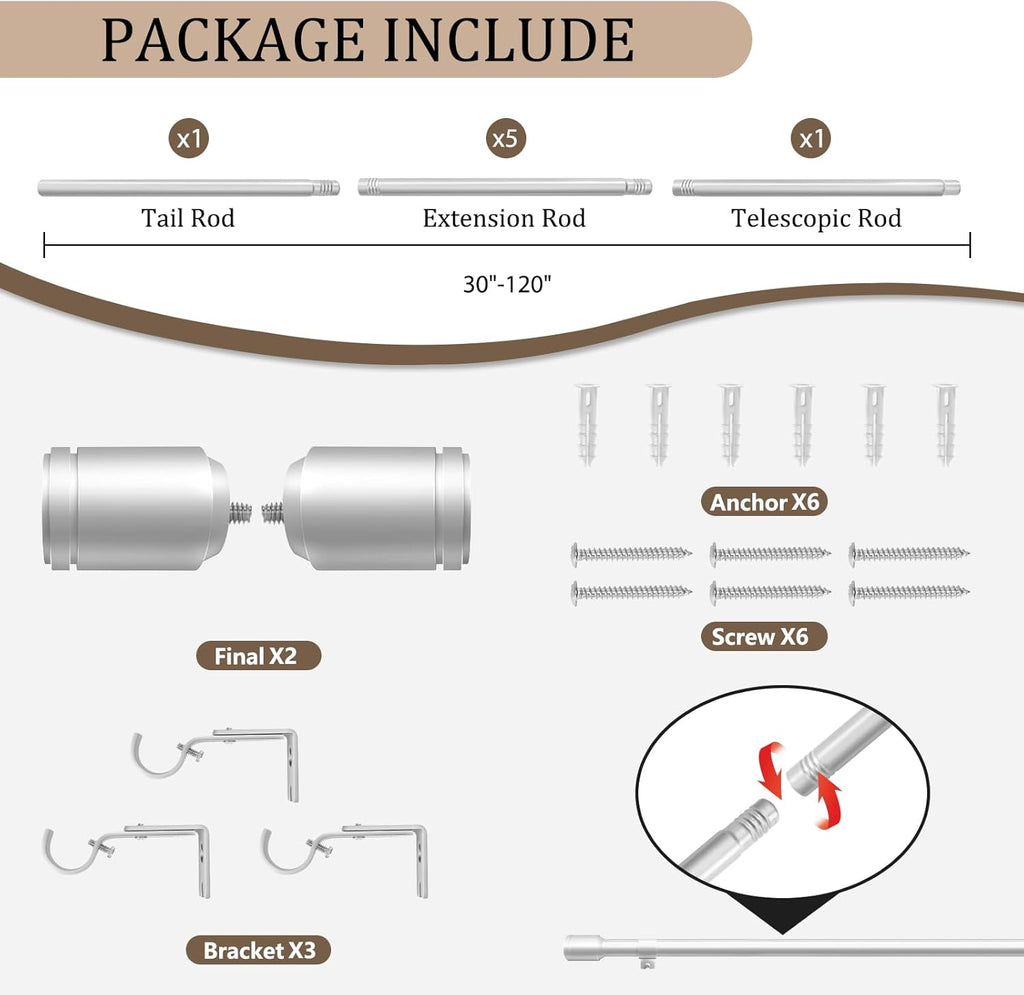 Skiennix 1” Diameter Silver Curtain Rods - Heavy Duty Adjustable Window Treatment, 30-120 Inch, Fits Most Standard Windows
